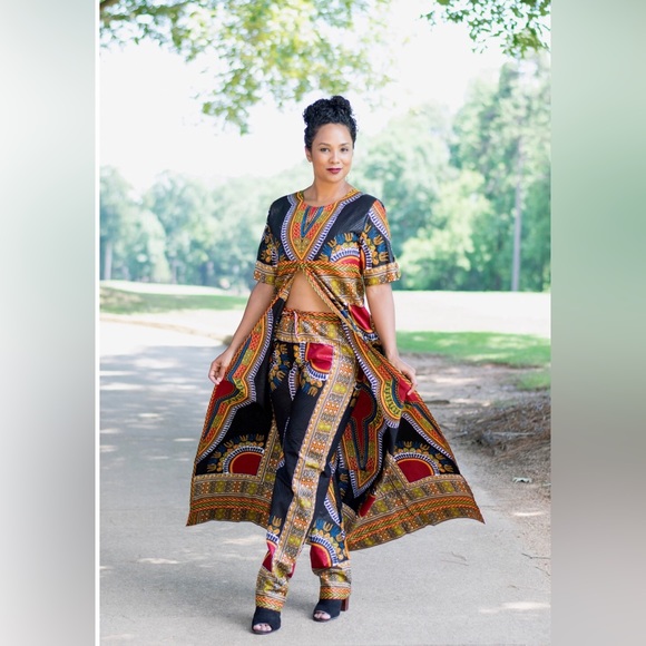 Handmade Black African Print Ankara Dashiki Two Piece Pants Set - Picture 6 of 6